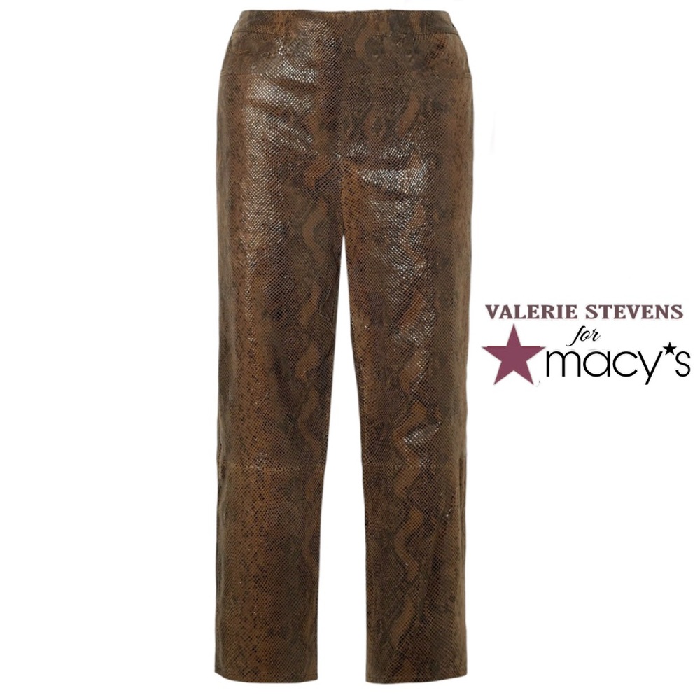 Vintage Valerie Stevens Leather Pants Jeans, Brown Snake Skin Print, Sz 10 NWT.
